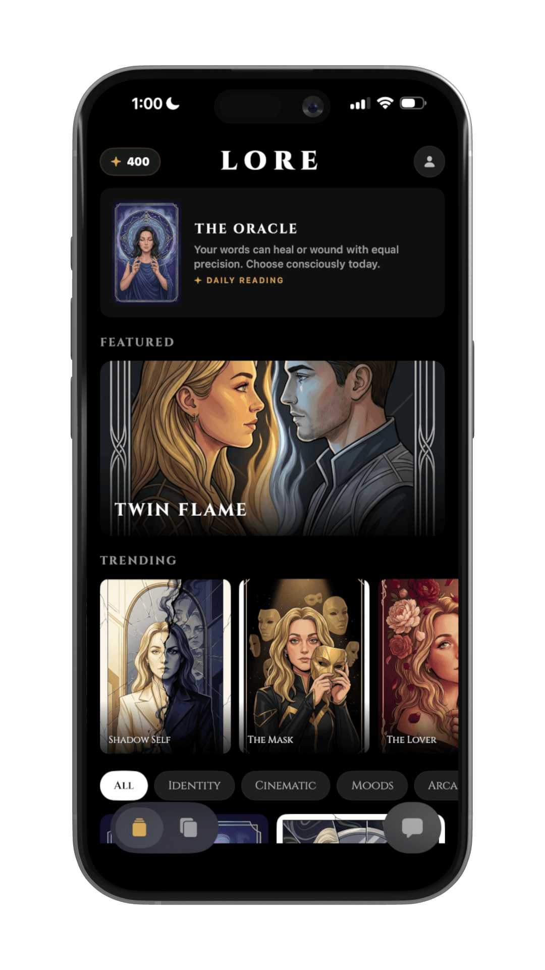 Lore home screen with daily reading